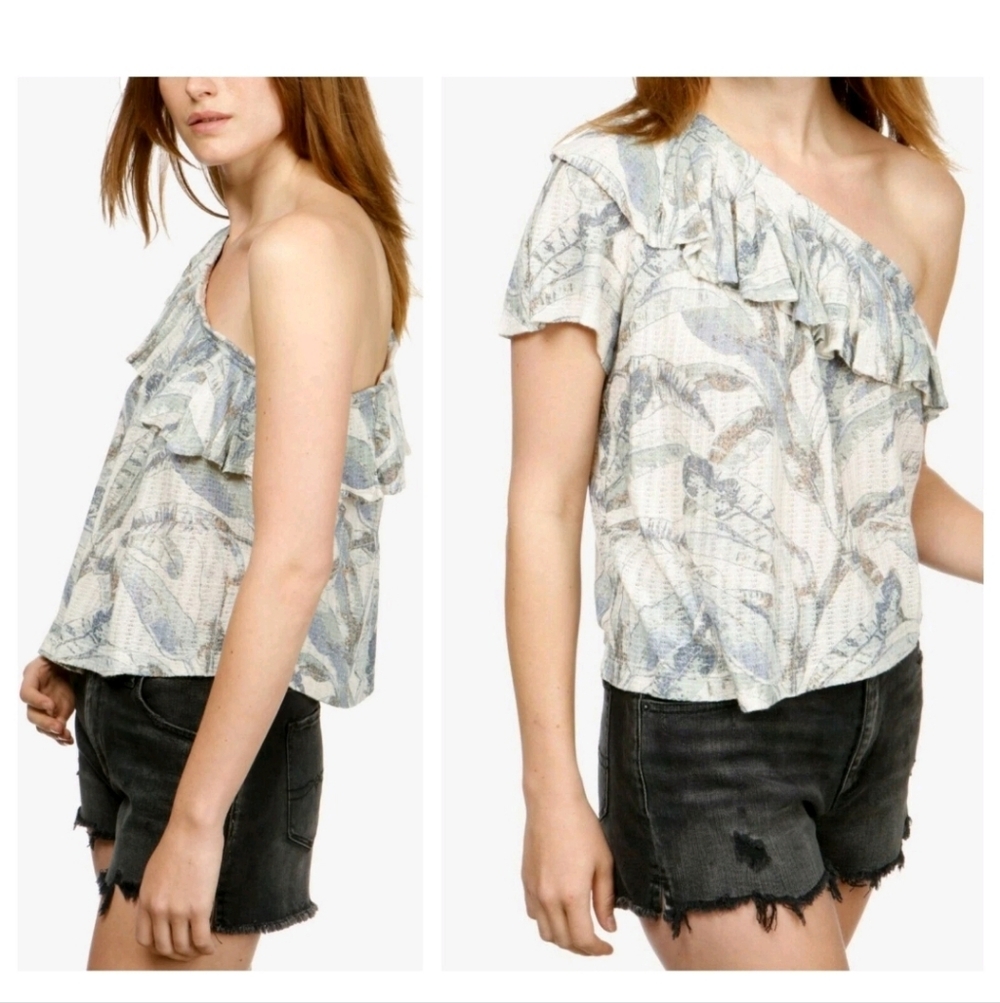 Lucky BRAND One-Shoulder Ruffle Print Top in Light Blue and Cream *New* - Picture 2 of 9